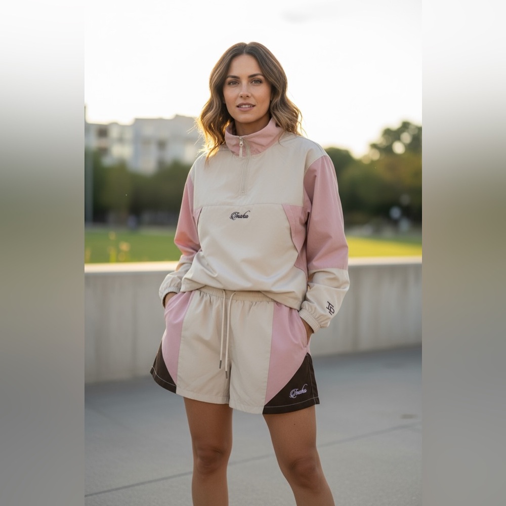 Inaka Power Label Cream Pink Brown Neapolitan Athletic Apparel Jacket Shorts Set